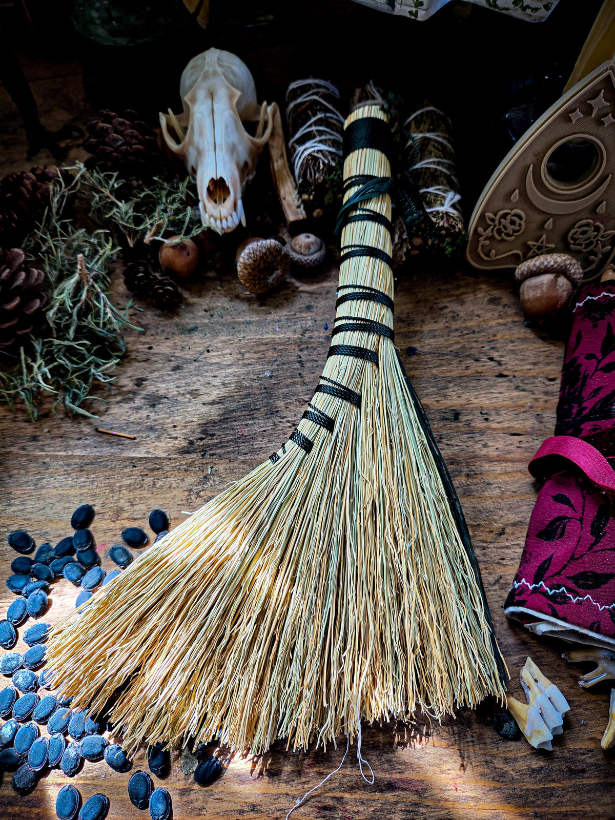 Handcrafted Whisk Broom with Braided Accent – Natural Broomcorn Hearth Broom
