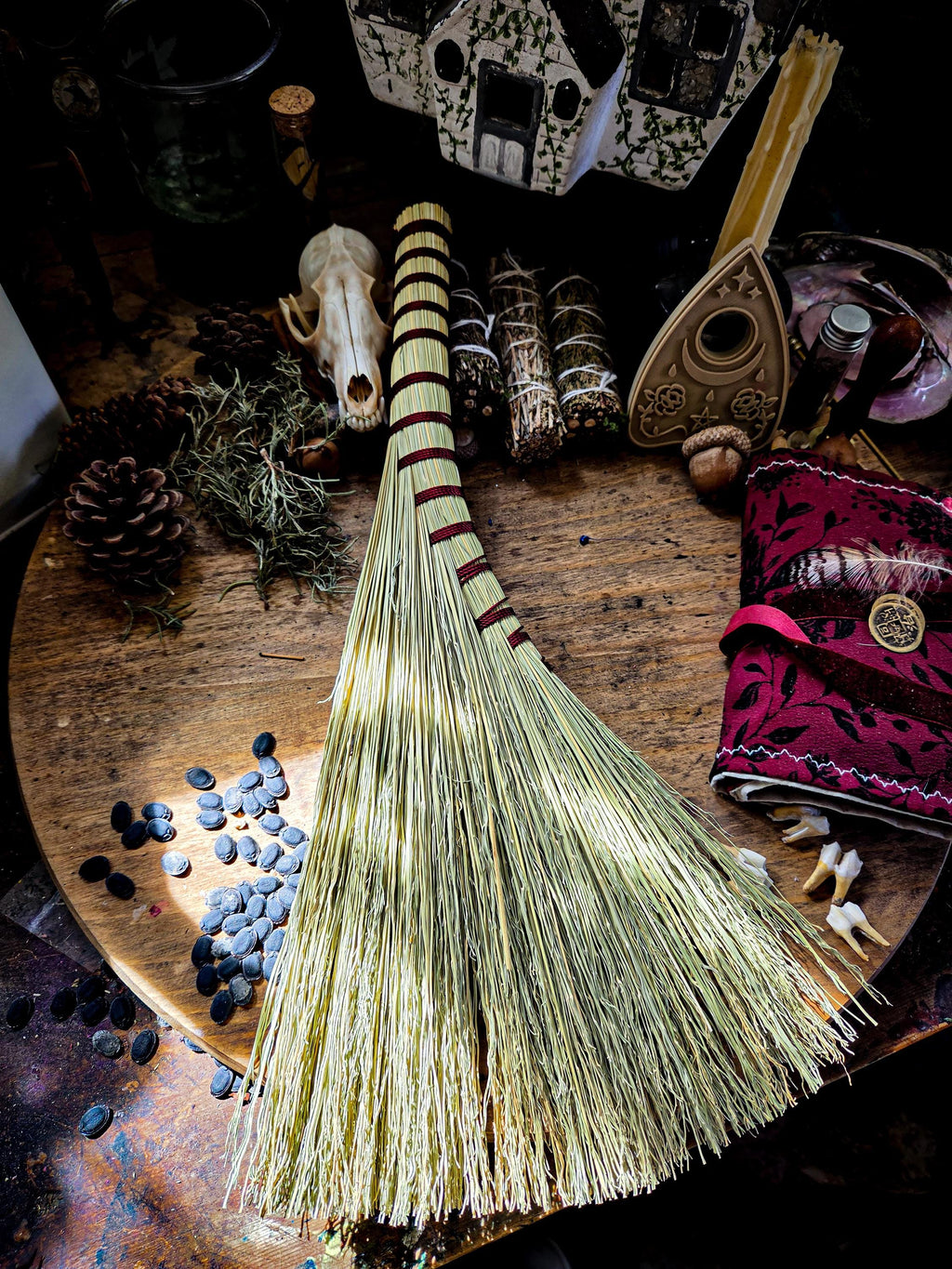 Hand Bound Whisk Broom – Natural Broom Corn Altar Besom