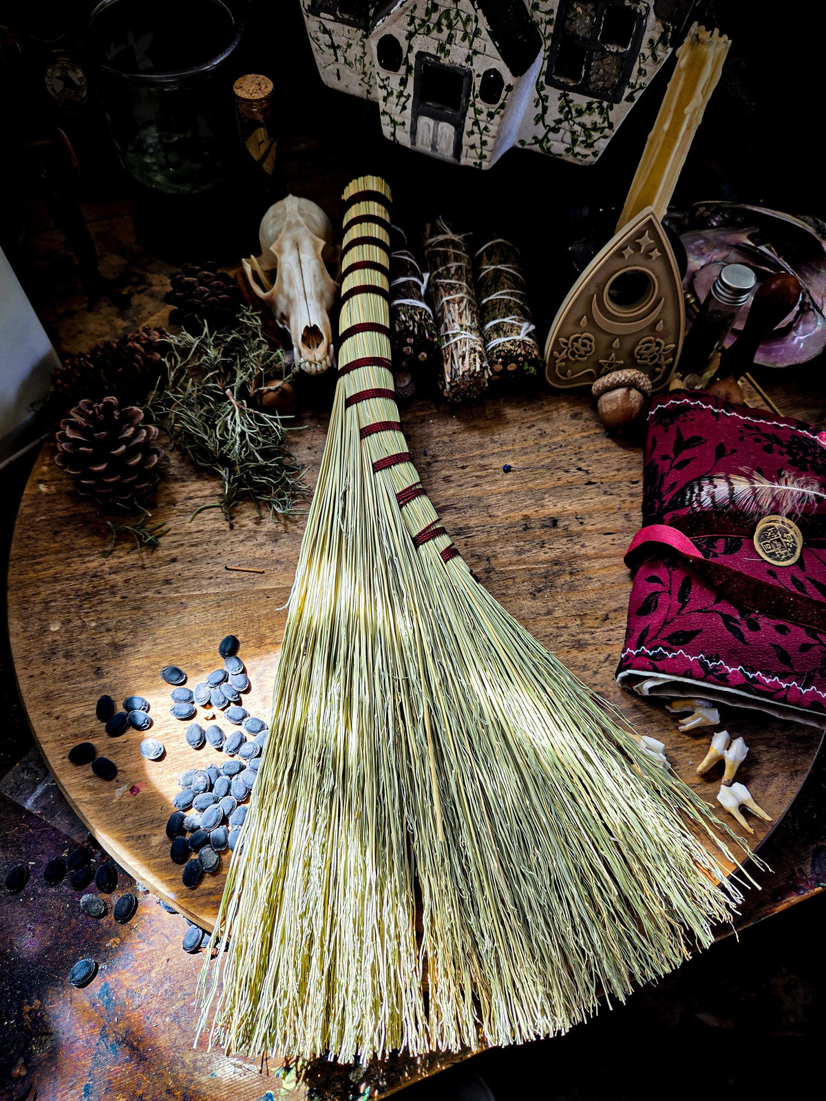 Hand Bound Whisk Broom – Natural Broom Corn Altar Besom