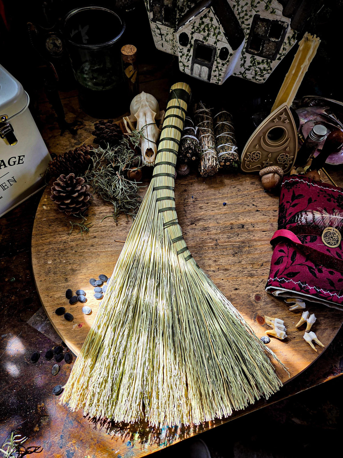 Hand Bound Whisk Broom – Natural Broom Corn Altar Besom