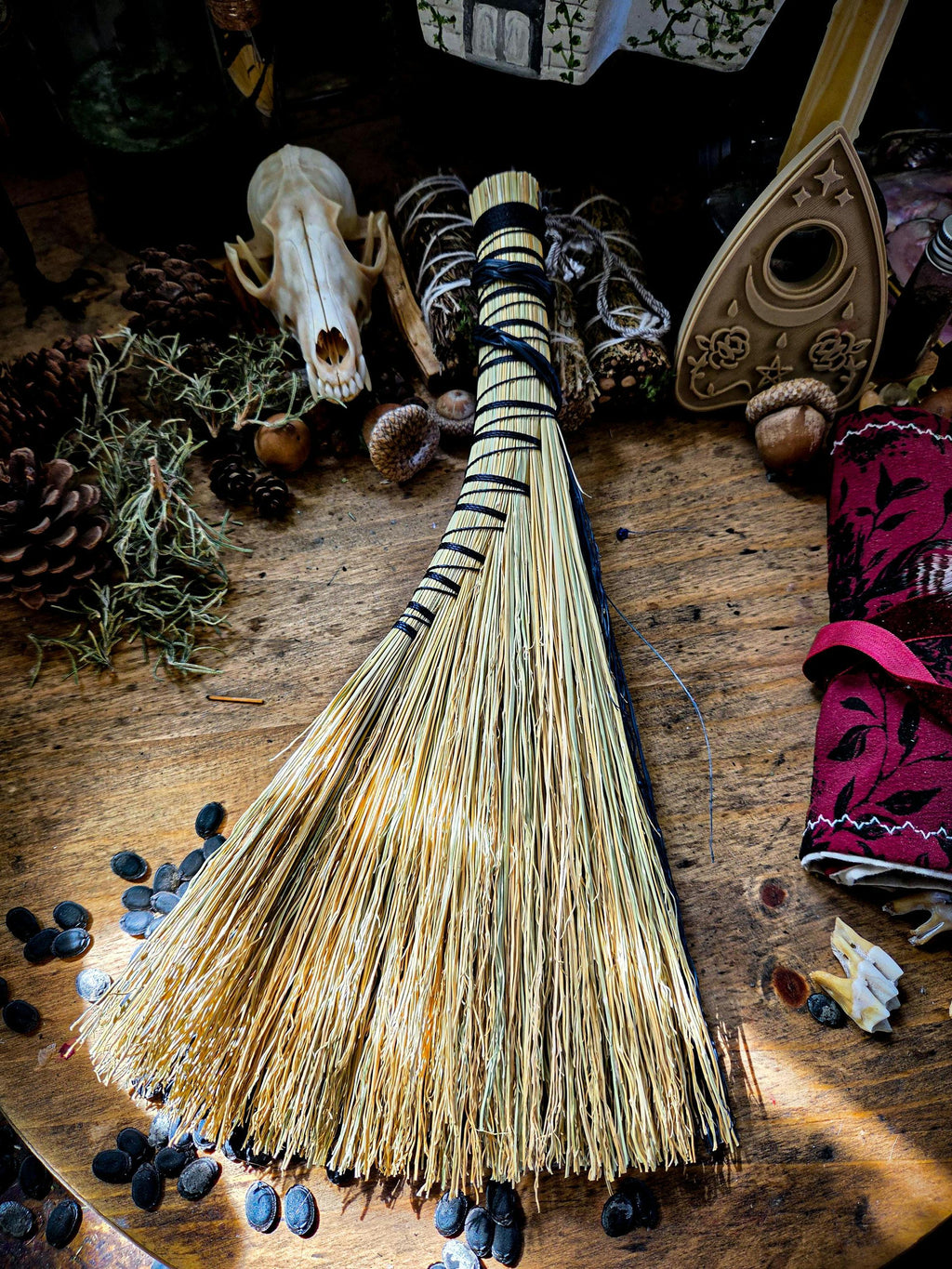 Handcrafted Whisk Broom with Braided Accent – Natural Broomcorn Hearth Broom